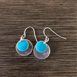 Sliver metal and blue disc fishhook earrings